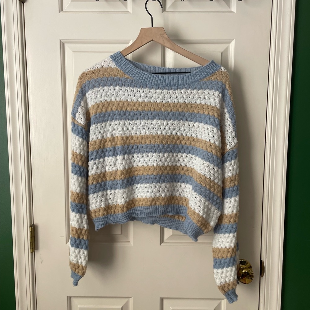 🤍 Shein Sweater Stripped Cream Beige Blue Womens M Medium 🤍